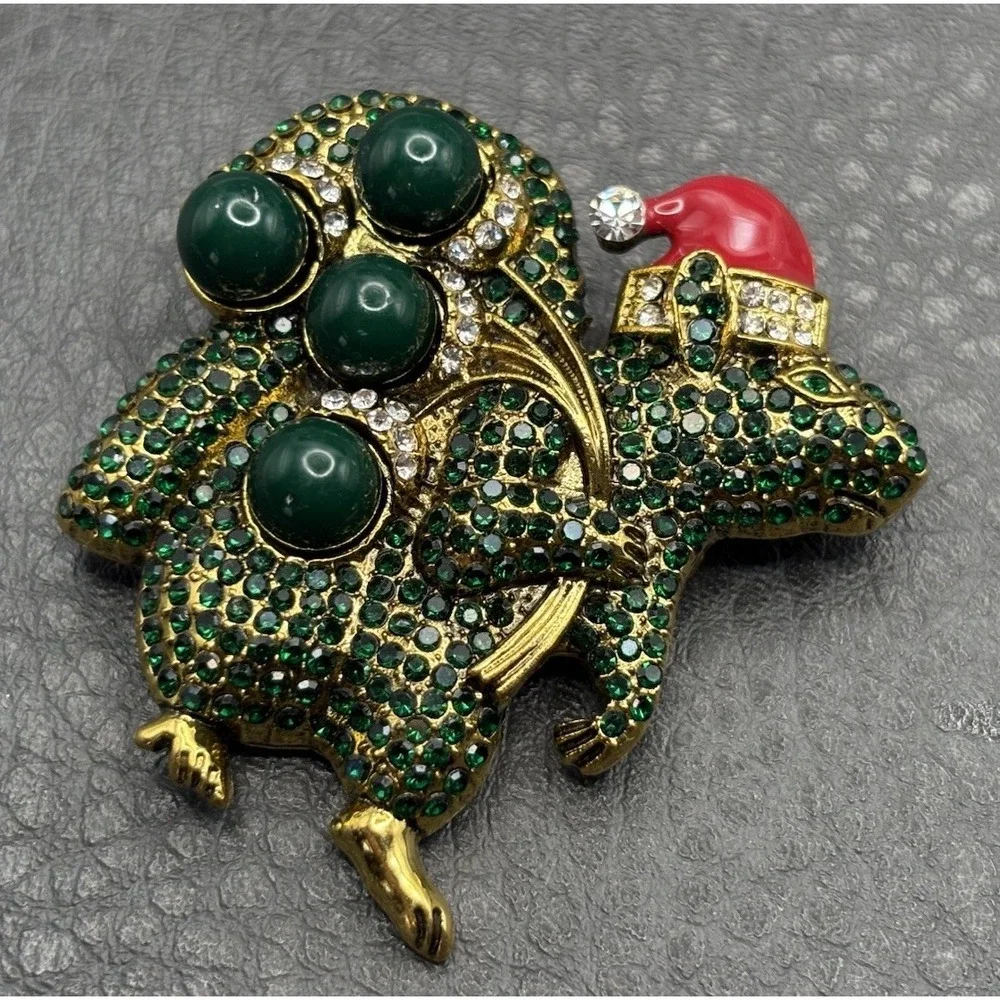 Christmas Mouse Santa Brooch Green Rhinestone Red Enamel Hat Gold Tone